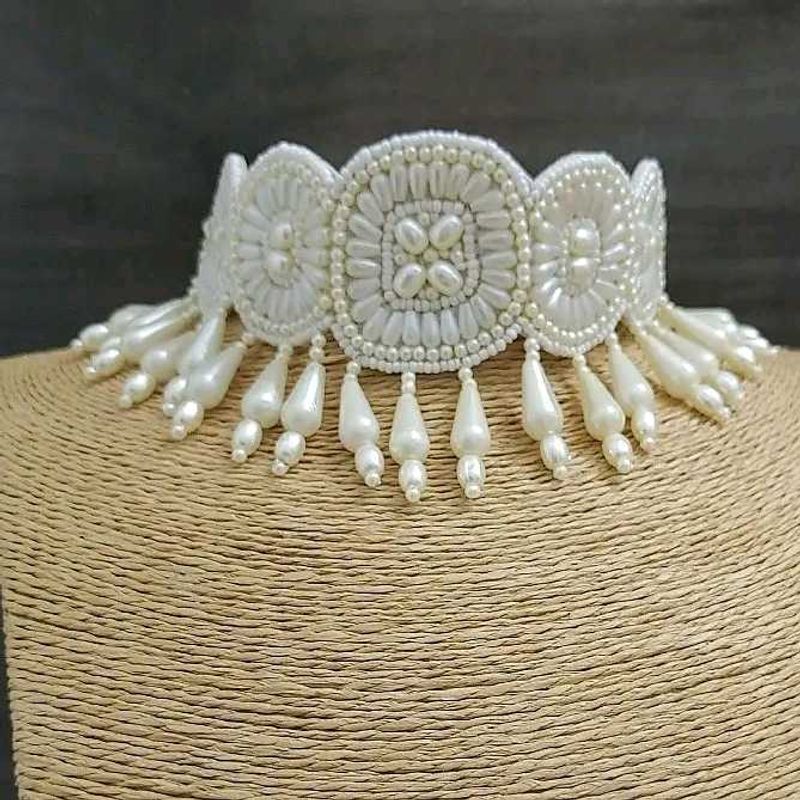 Elegant White Beaded Choker &amp; Earring Set