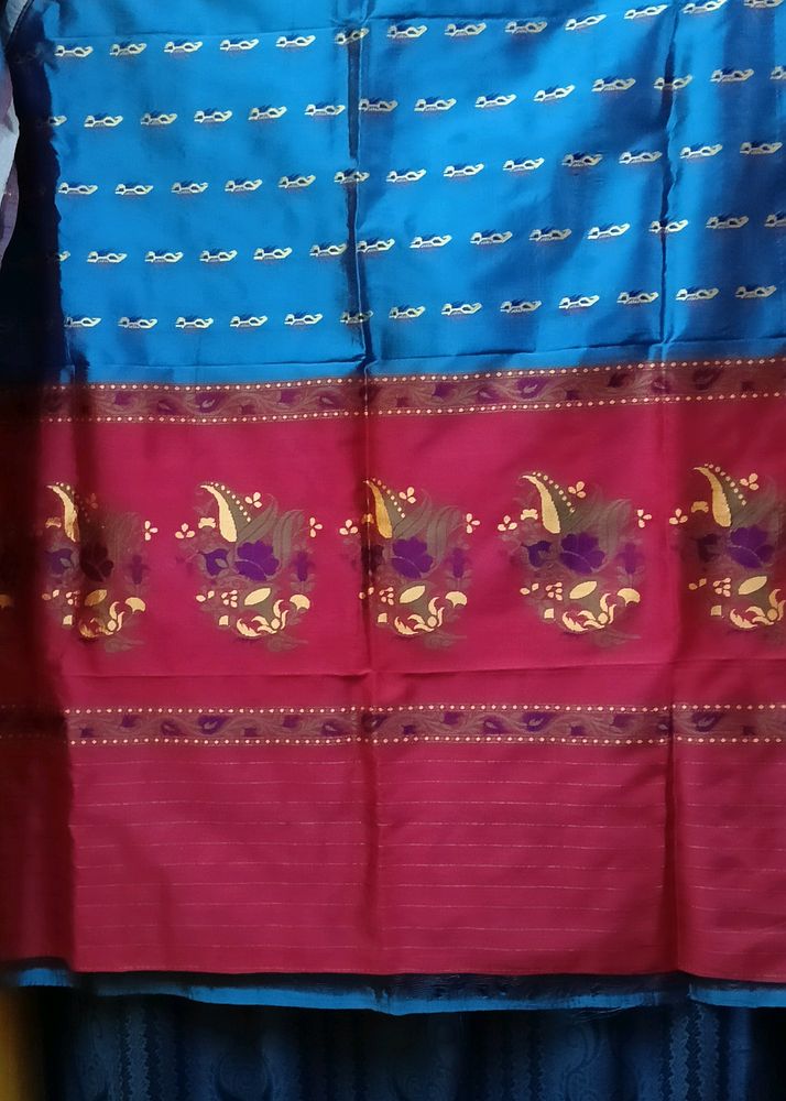 Vibrant Blue &amp; Pink Silk Saree