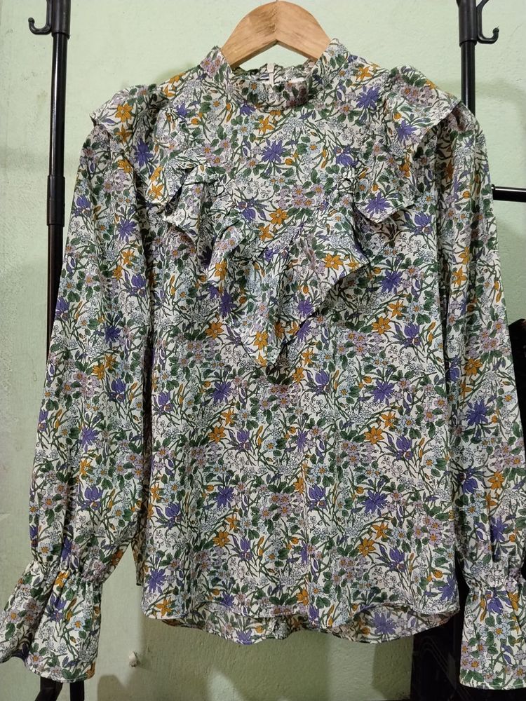 Floral Ruffle Neck Blouse