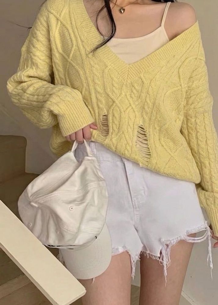Distressed Pastel Yellow V-Neck Sweater