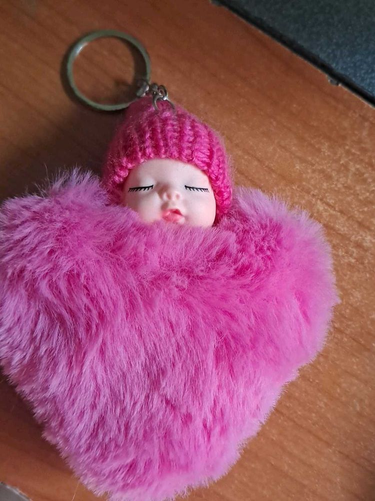 Cute Sleeping Baby Faux Fur Keychain