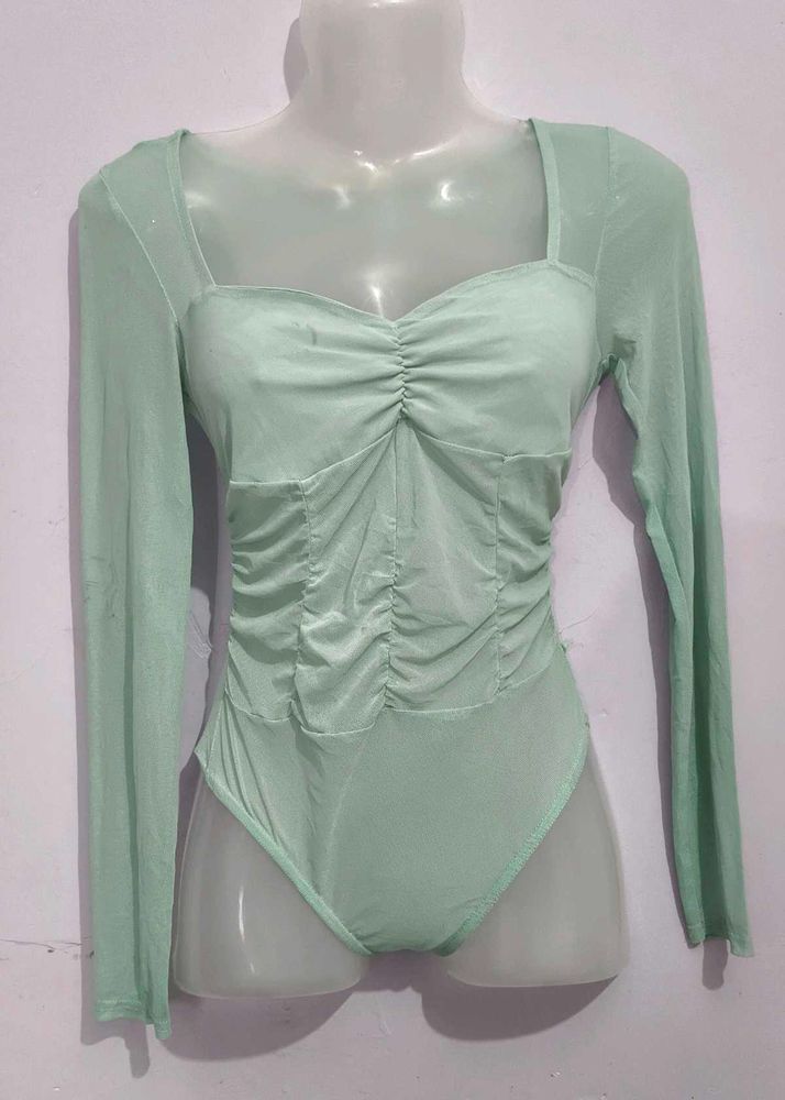Sheer Long Sleeve Ruched Bodysuit
