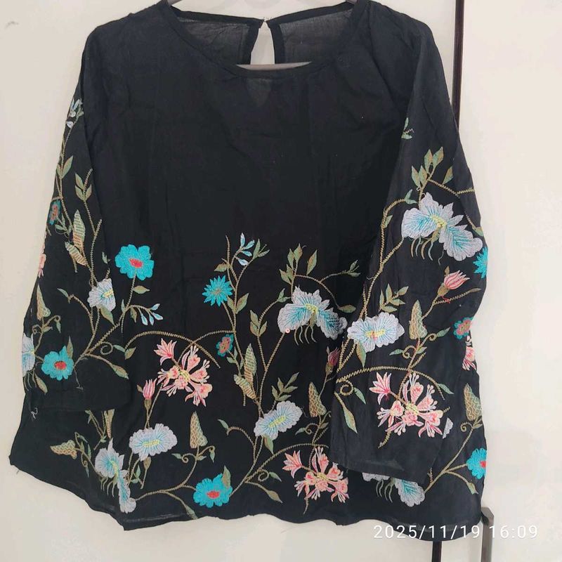 Floral Embroidered Black Top