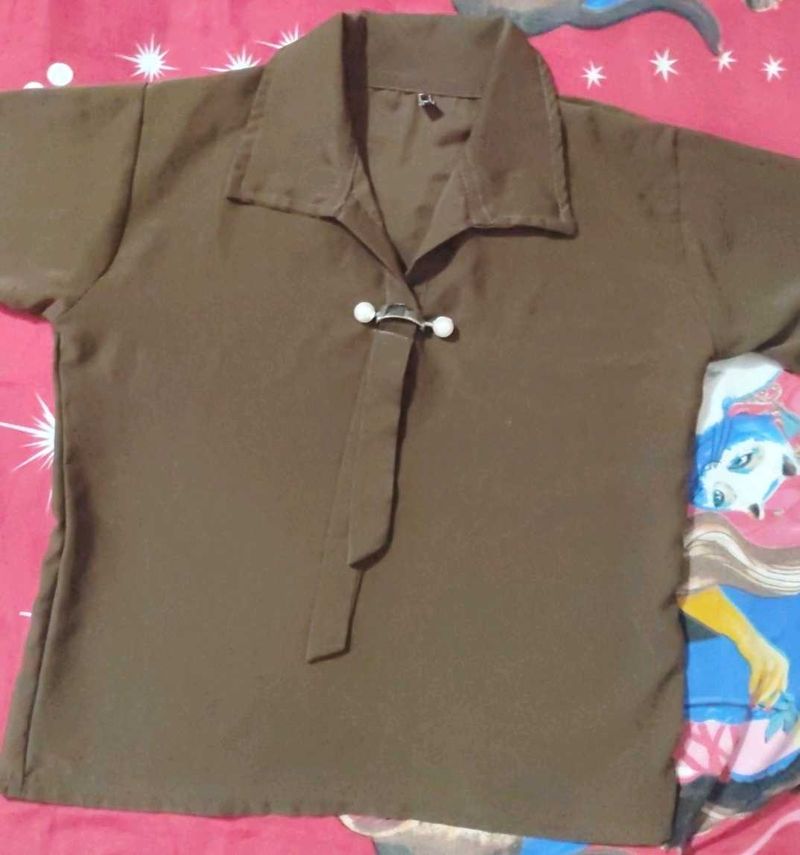 Brown Collared Button Detail Top