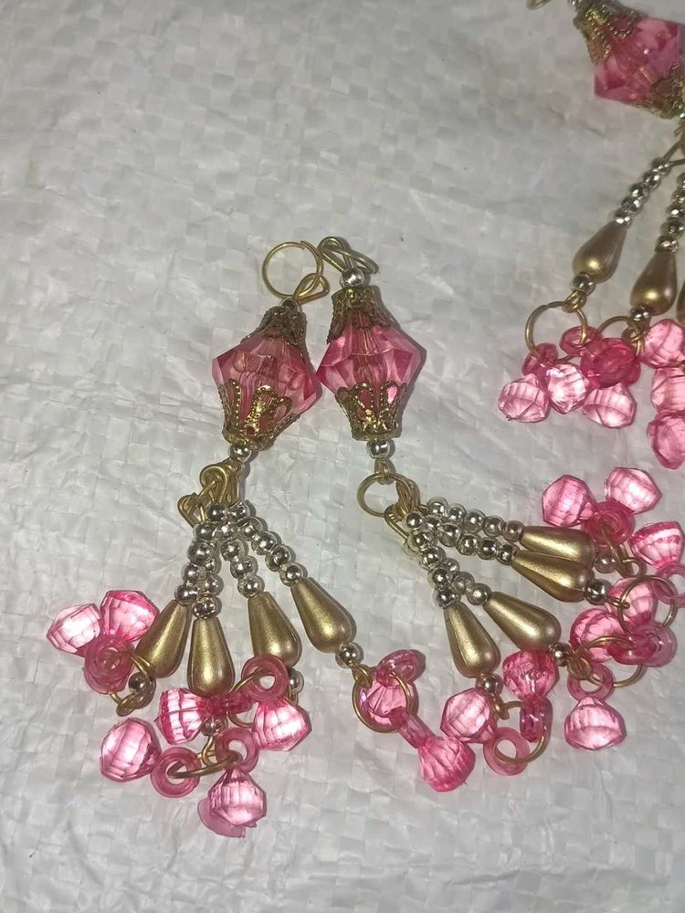 Pink Beaded Tassel Jewellery Set