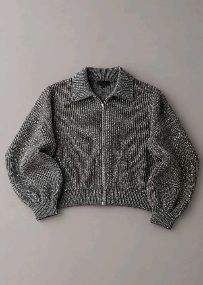 CHARCOAL GREY METALLIC ZIP-UP KNIT SWEATER