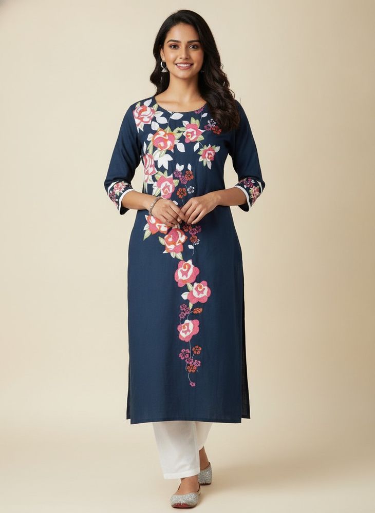 Blue Kurta with Floral Embroidery