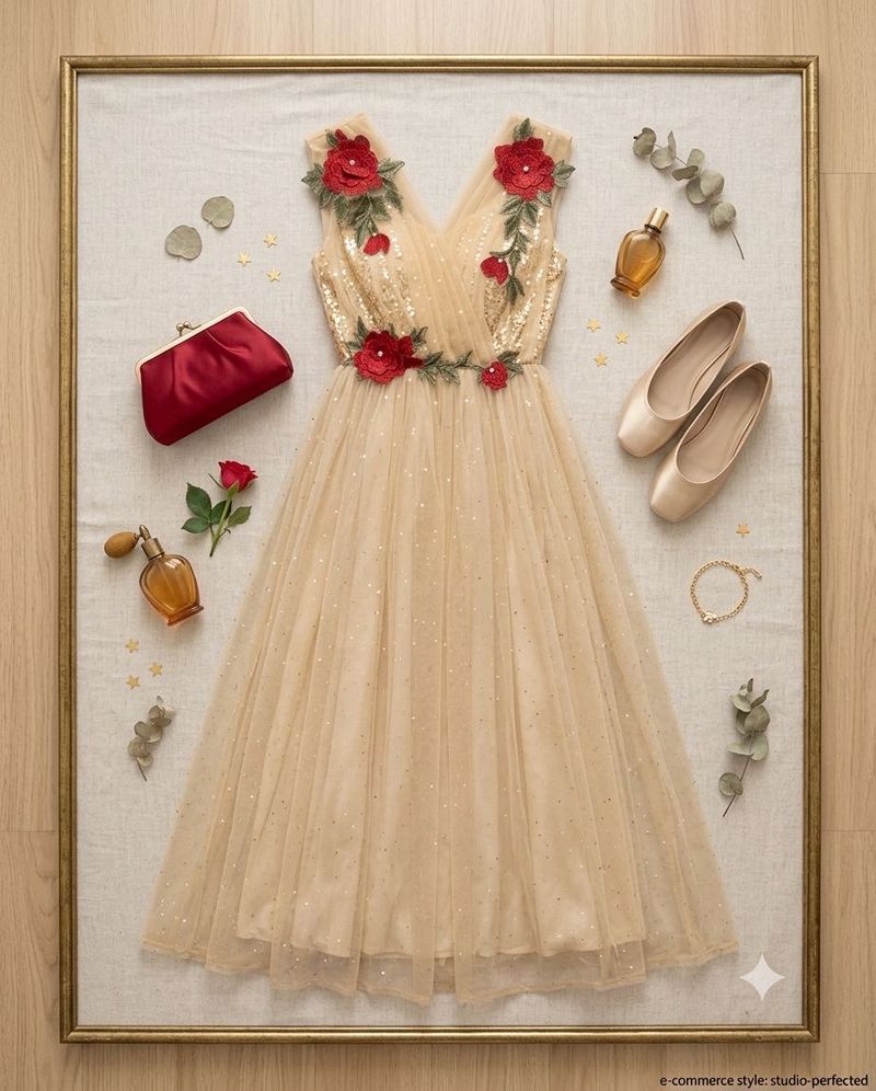 Elegant Princess gold Gown with Red Roses