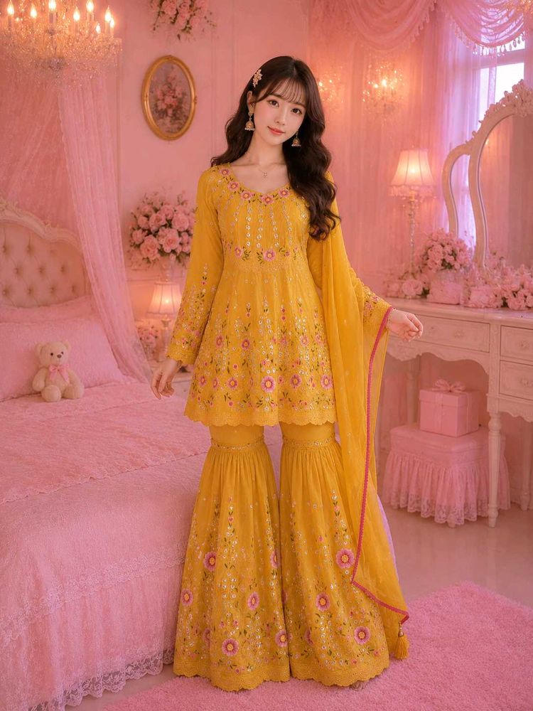 Vibrant Yellow Embroidered 3-Piece Anarkali / Shar