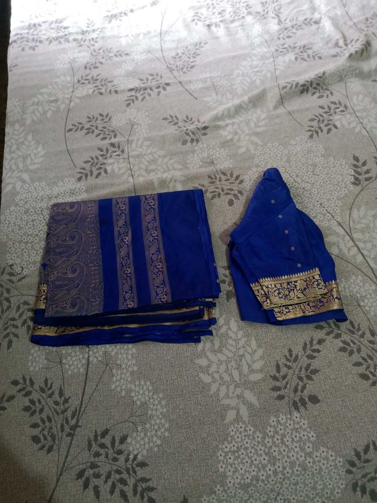 Women Blue Silk  Saree with Gold Embellishment