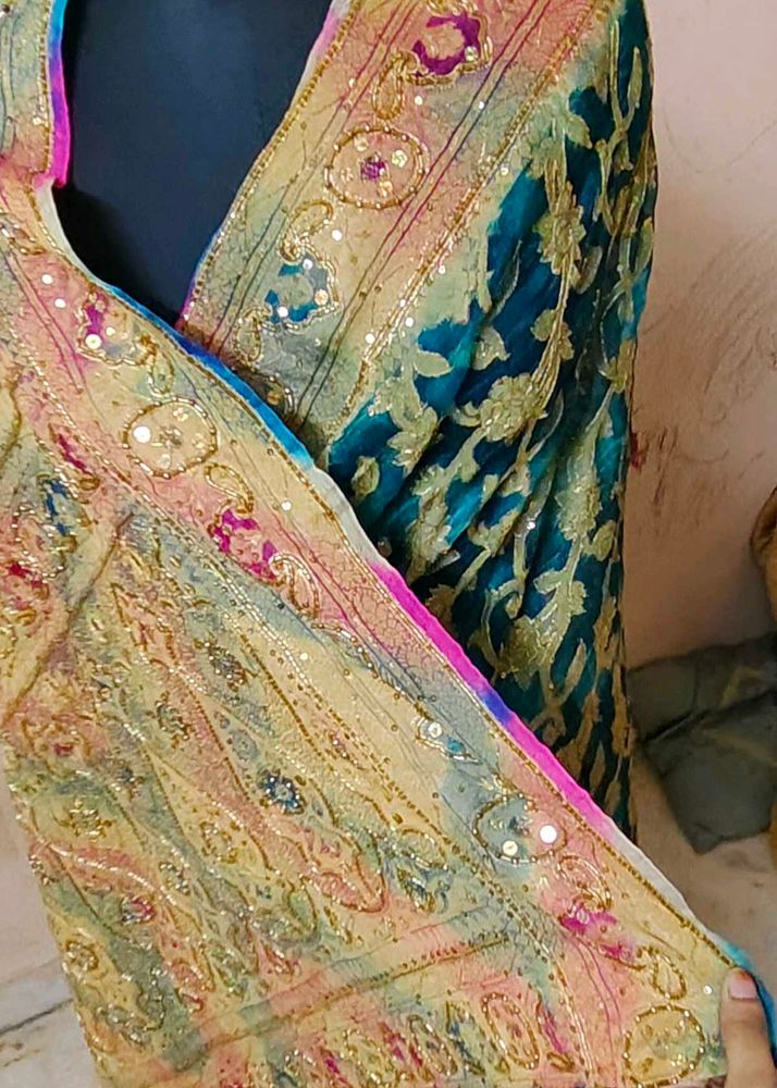 beautiful tissue fabric Embroidered Teal Blue Sare