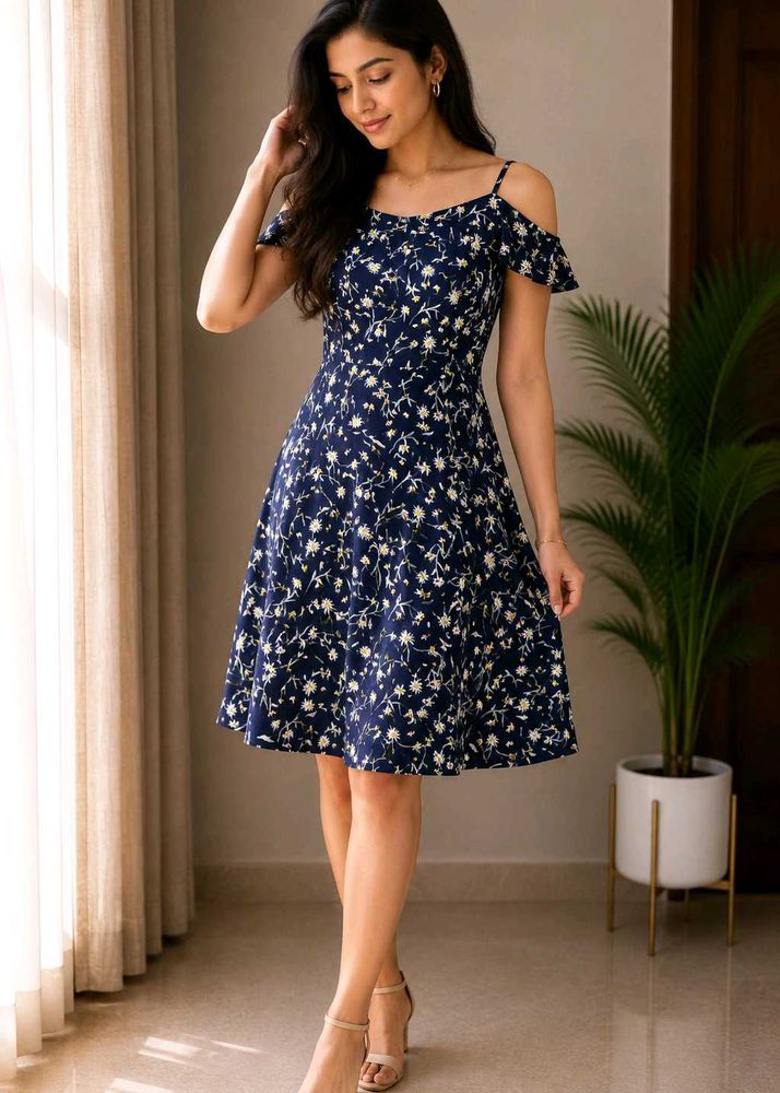 Navy Blue Floral Cold Shoulder Dress