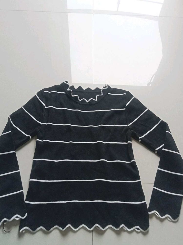 Striped Long Sleeve Top with Ruffle Neck