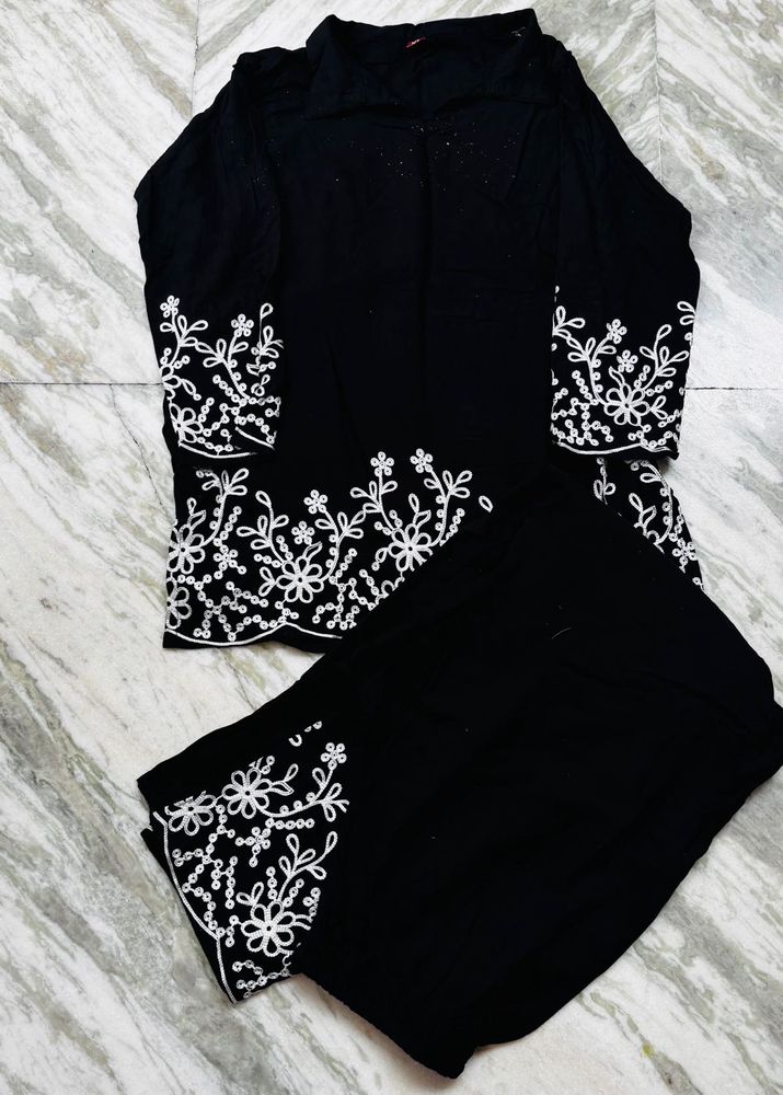 Elegant Black cord Set with White Embroidery