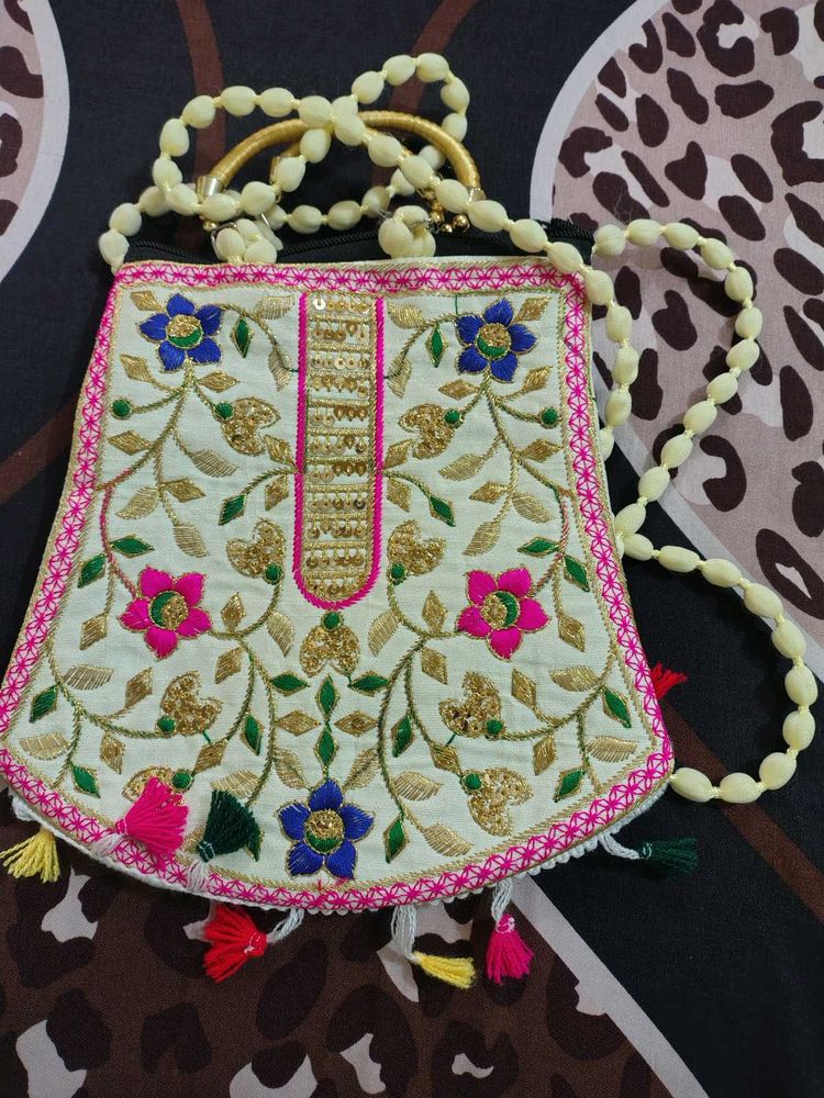 Embroidered Clutch Bag with Beaded Handle