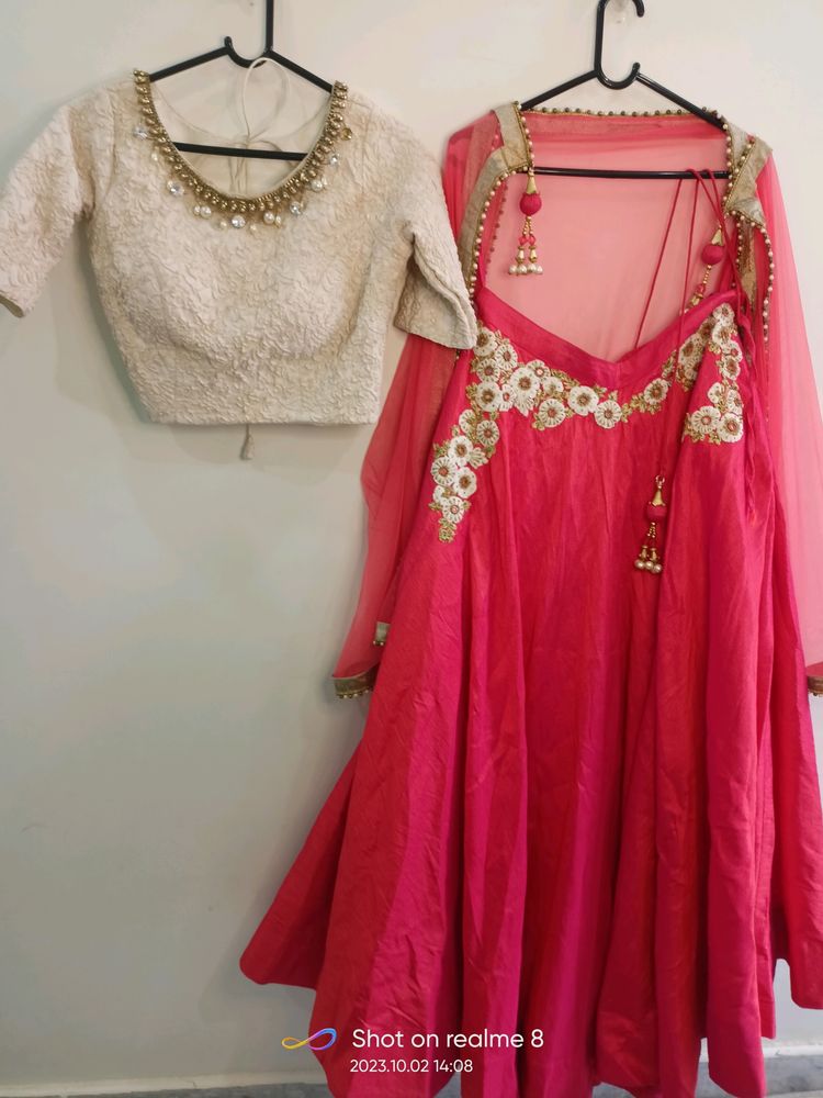 Tarunis Pink Dual Shaded Crop Top Lehenga Dupatta