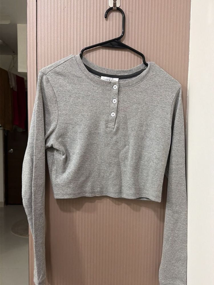 Grey Long Sleeve Cropped Henley Top