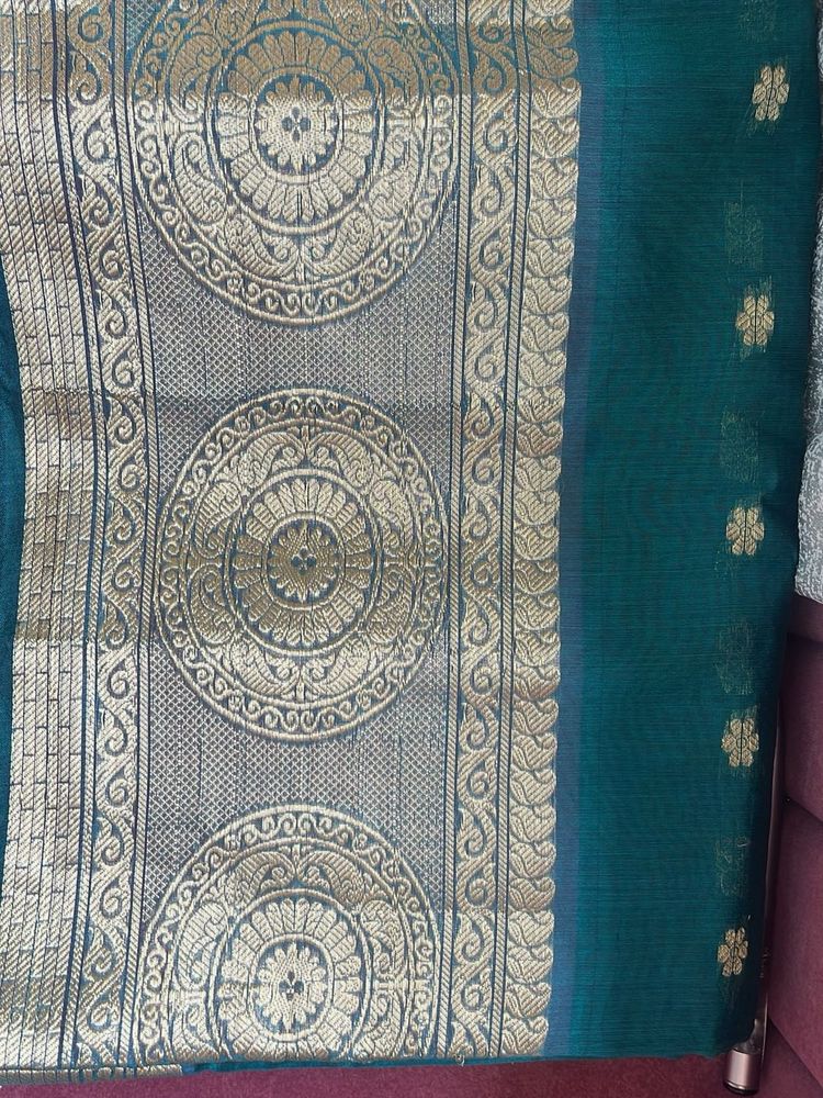 Elegant Teal &amp; Gold Brocade Saree