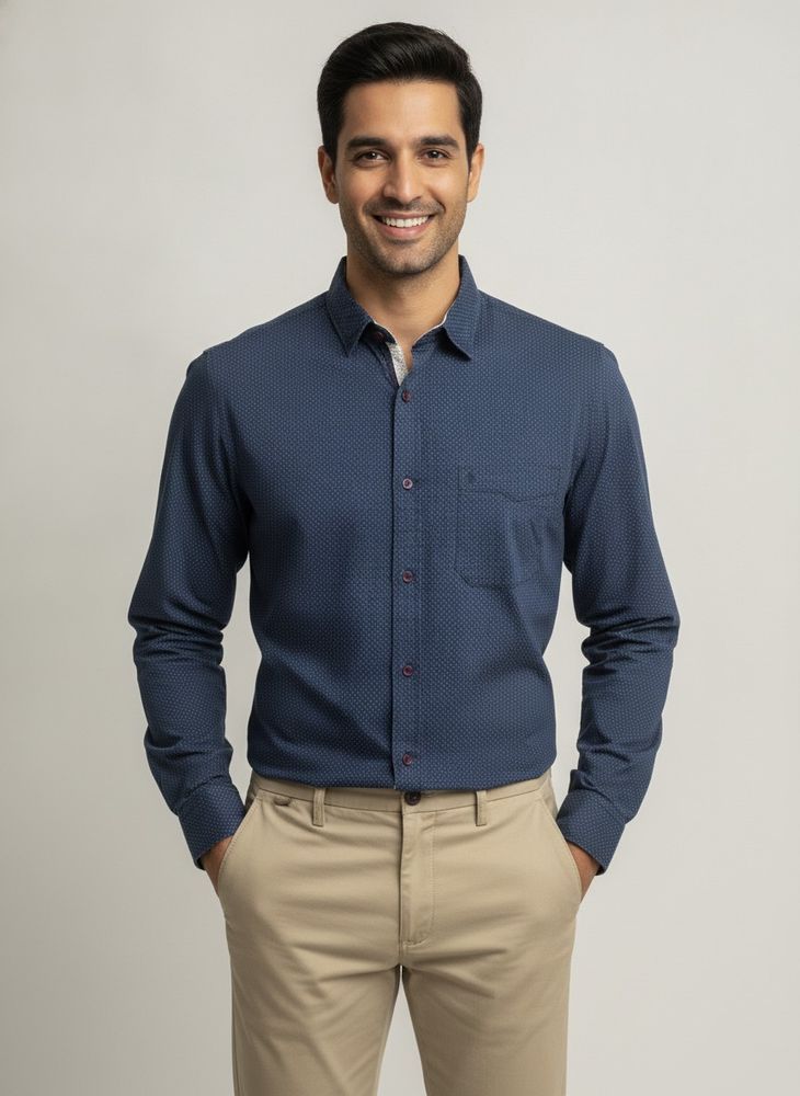 Men's Patterned Blue Button-Up Shirt