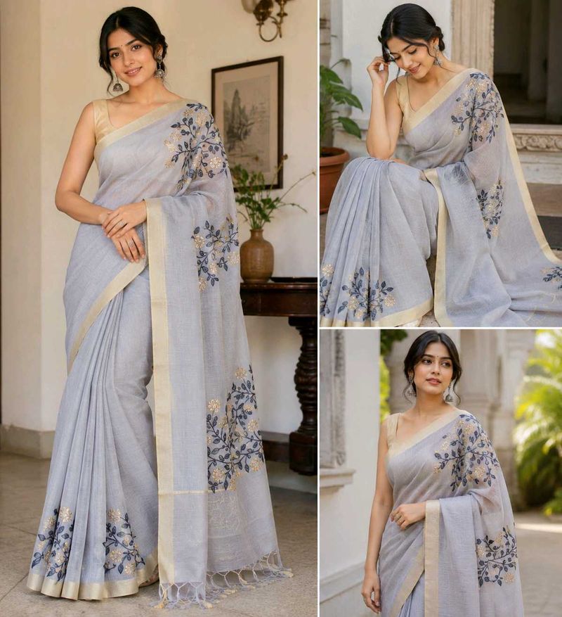 Elegant Grey Embroidered Saree