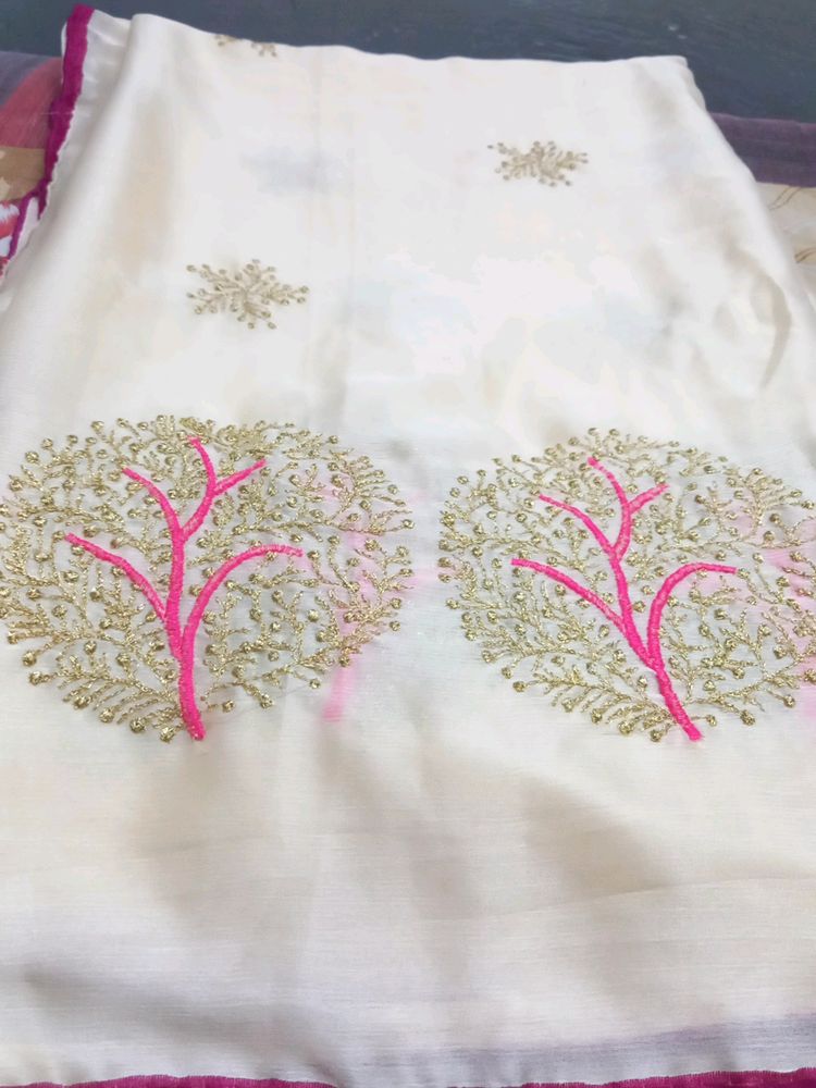 Cream Saree Pink Border