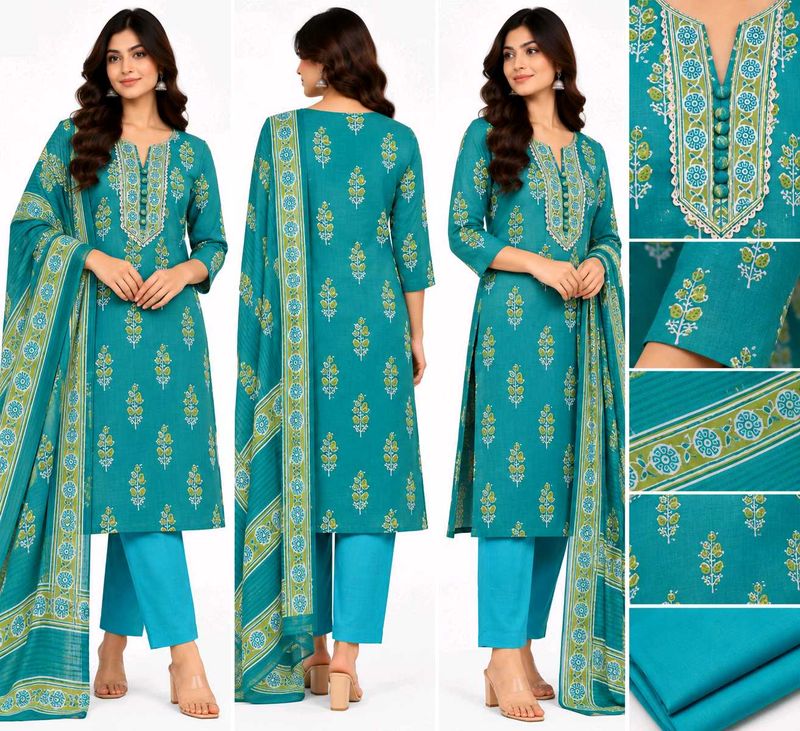 Teal Printed Kurta Set with DupattaUnstitched)