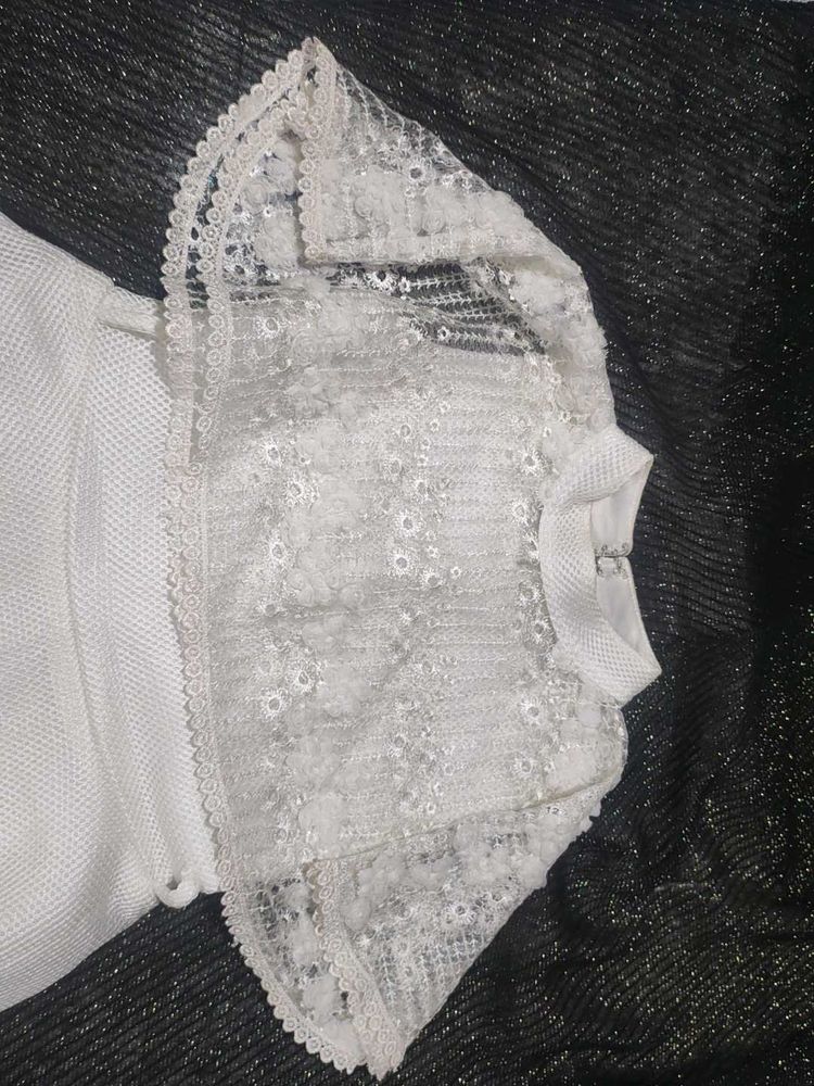 White party wear frock with net embroidered detail