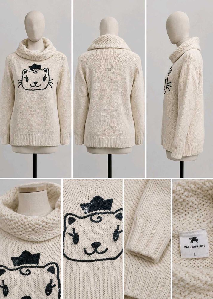 Cream Knit Sweater with Cute Cat Design