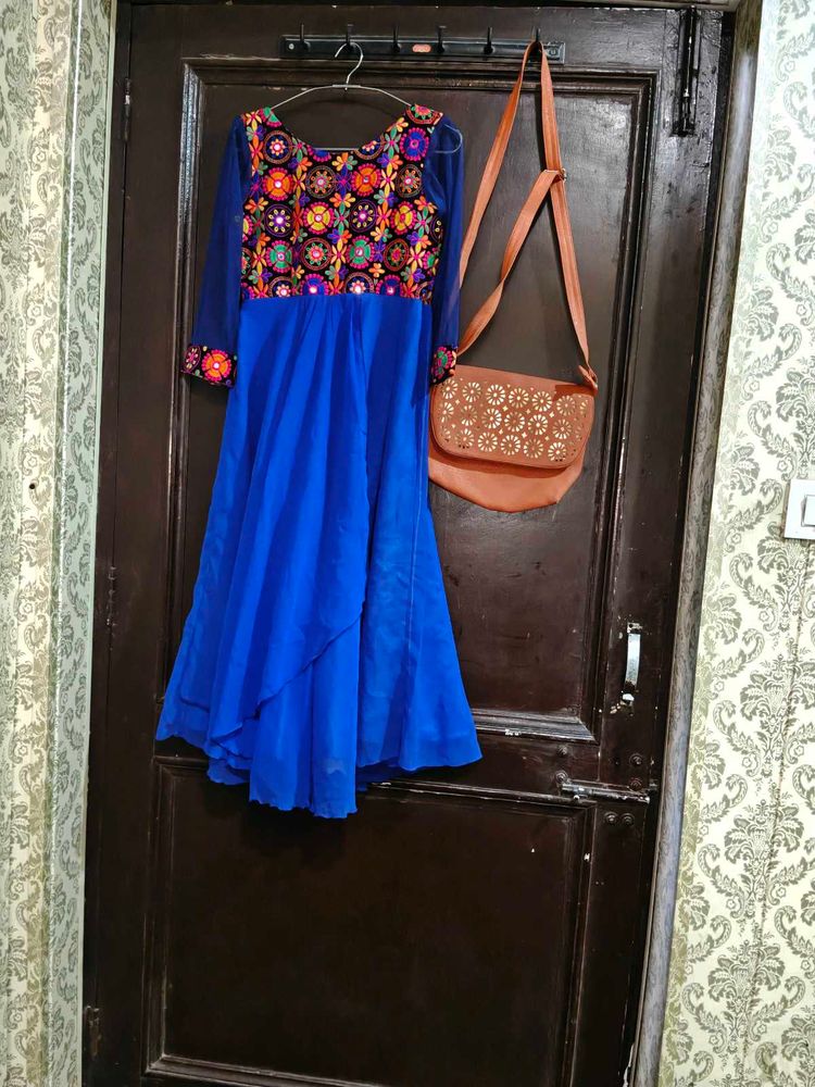 Elegant Embroidered Blue Ethnic Gown and bag free