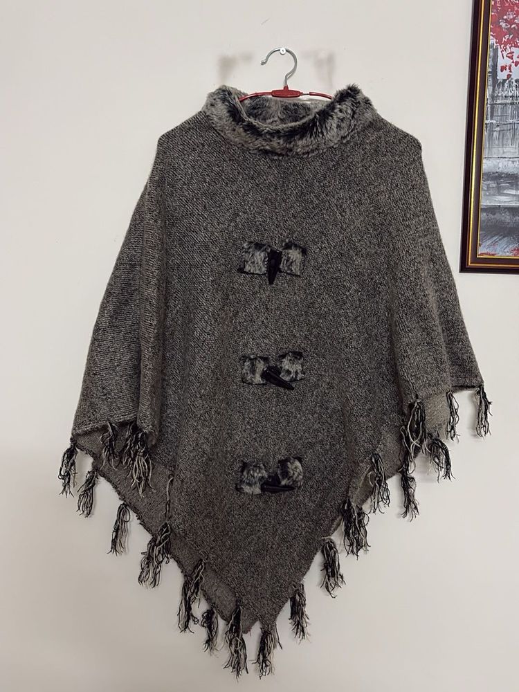 Stylish Grey Faux Fur Poncho