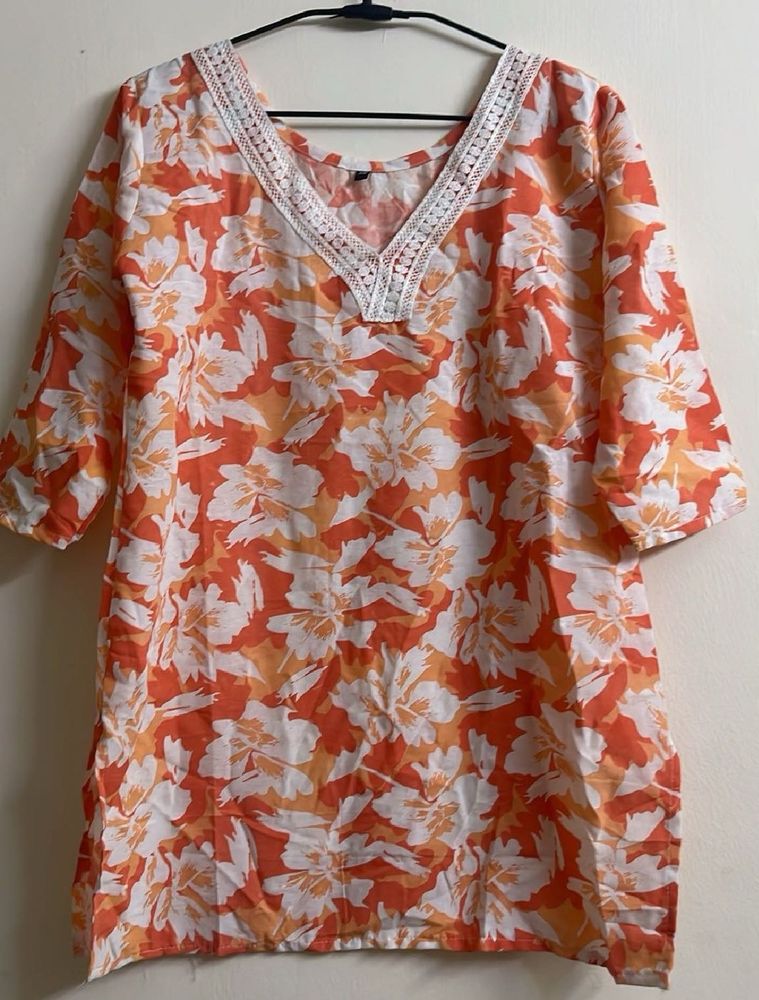 Orange Floral Print Kurta