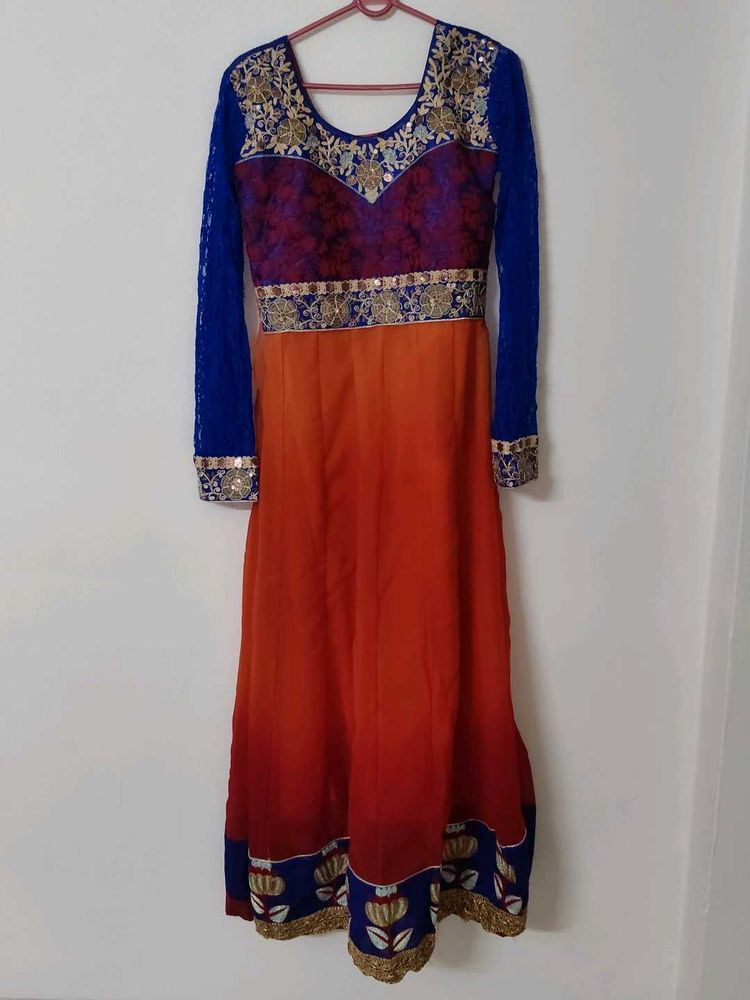 Elegant Orange &amp; Blue Embellished Gown