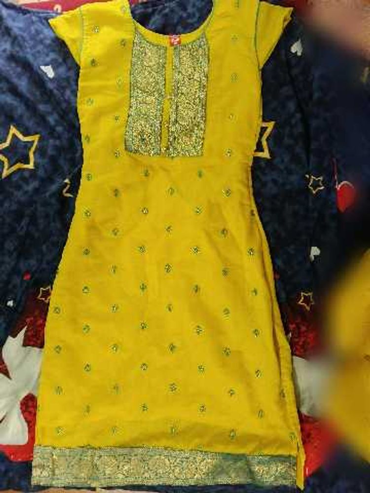 Yellow Kurta with Green Embroidery