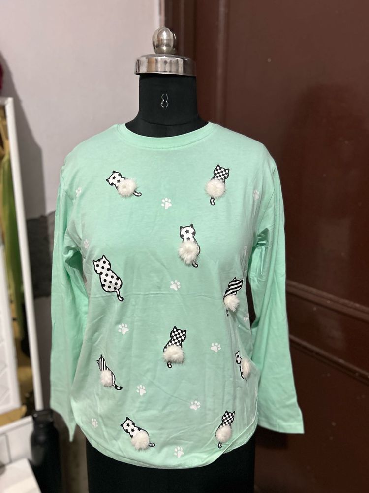 Mint Green Cat Print Top