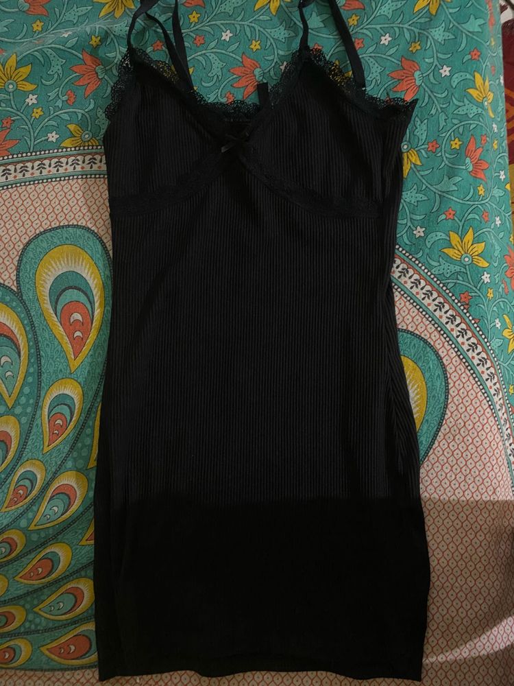 Black Lace Trim Ribbed Slip Dress