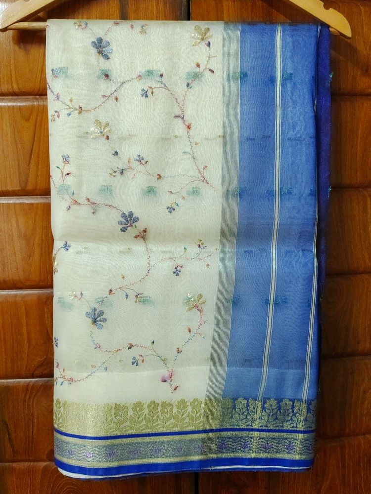 Beautiful New Chanderi Silk In Blue &amp; Off White| Embroidered
