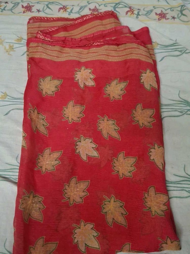 Vibrant Red Saree with Leaf Print