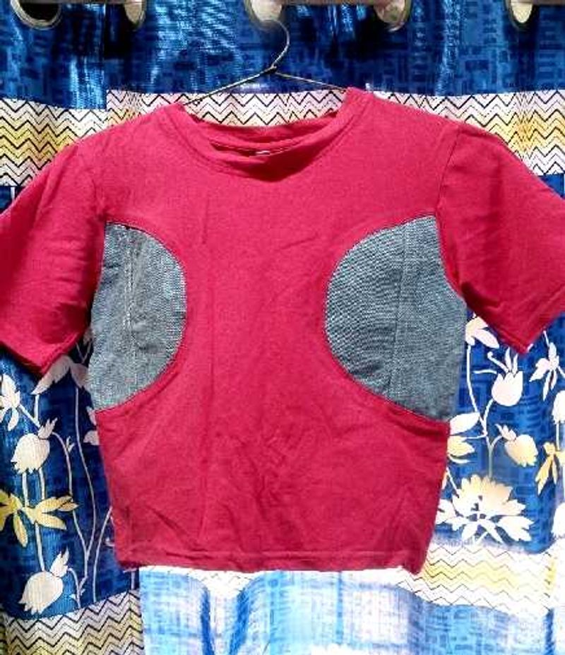 Unique Red &amp; Denim Patch Top