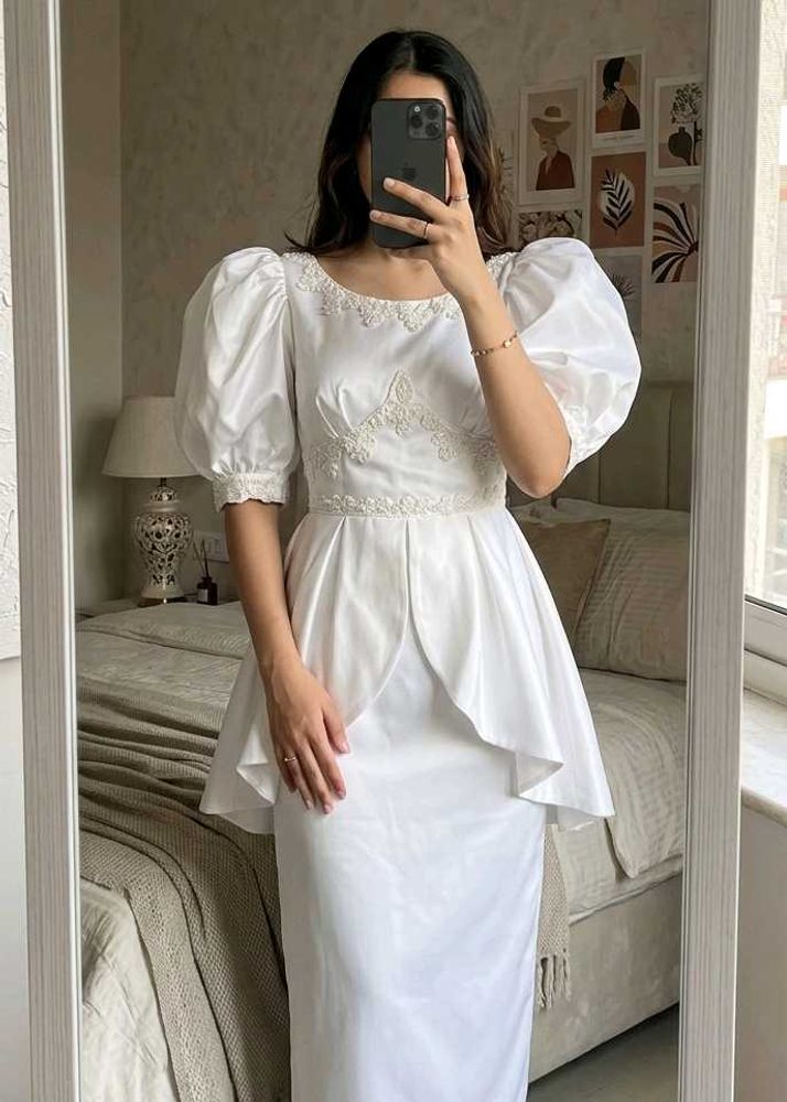 Elegant White Puff Sleeve Gown
