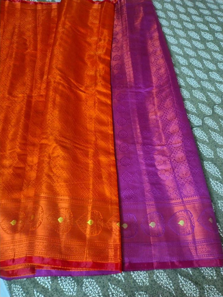 Vibrant Orange &amp; Purple Silk Saree