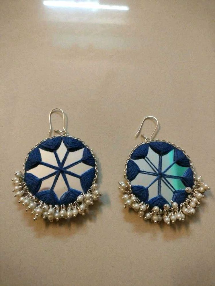 Navratri special Blue Mirror &amp; Pearl Drop Earrings