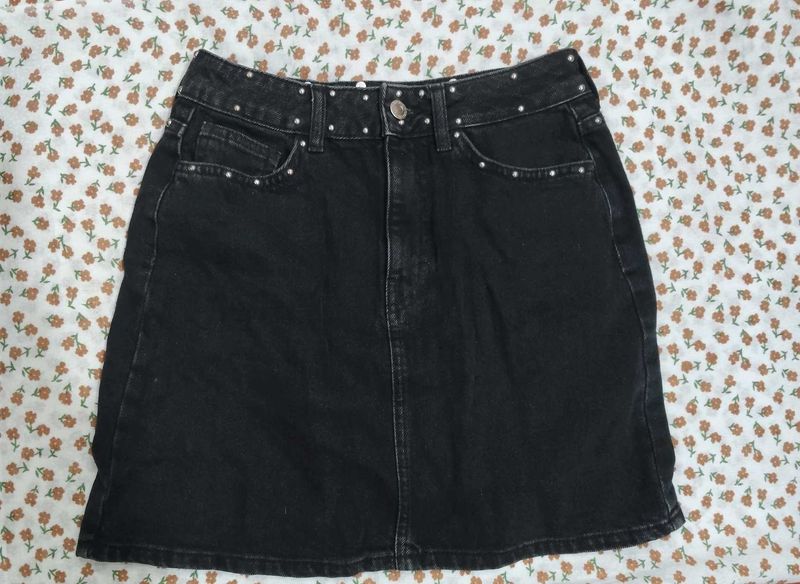 Black Denim Studded Mini Skirt
