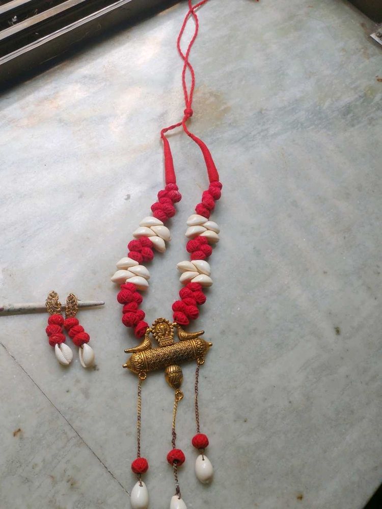 HANDMADE BENGALI  Red &amp; White Shell Necklace &amp;