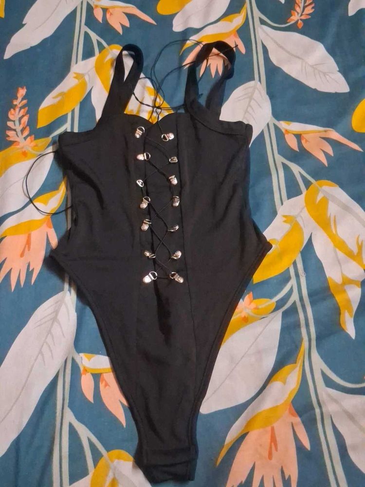 Black Lace-Up Bodysuit Swim Top