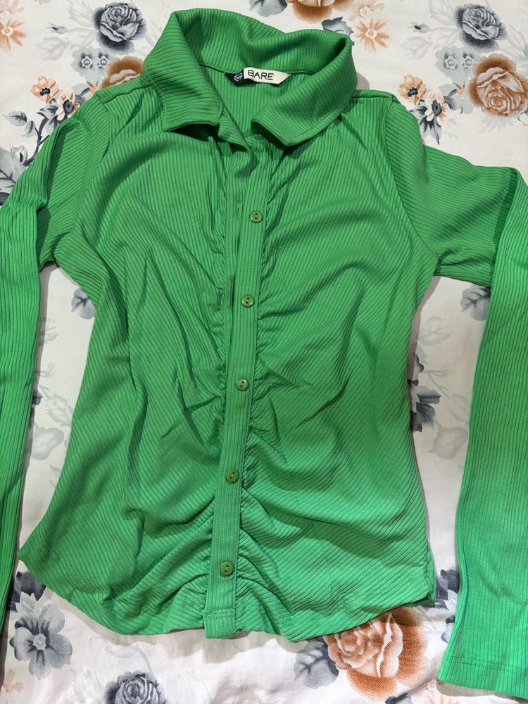 y2k green Ruched Button-Up Top