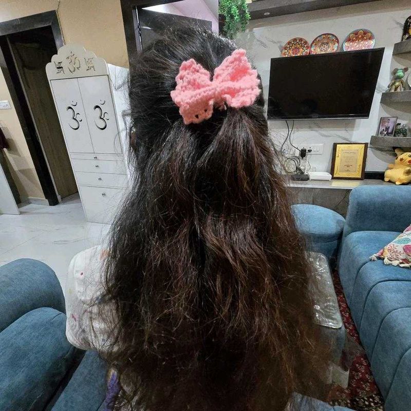 Handmade Pink Crochet Hair Bow rubber band