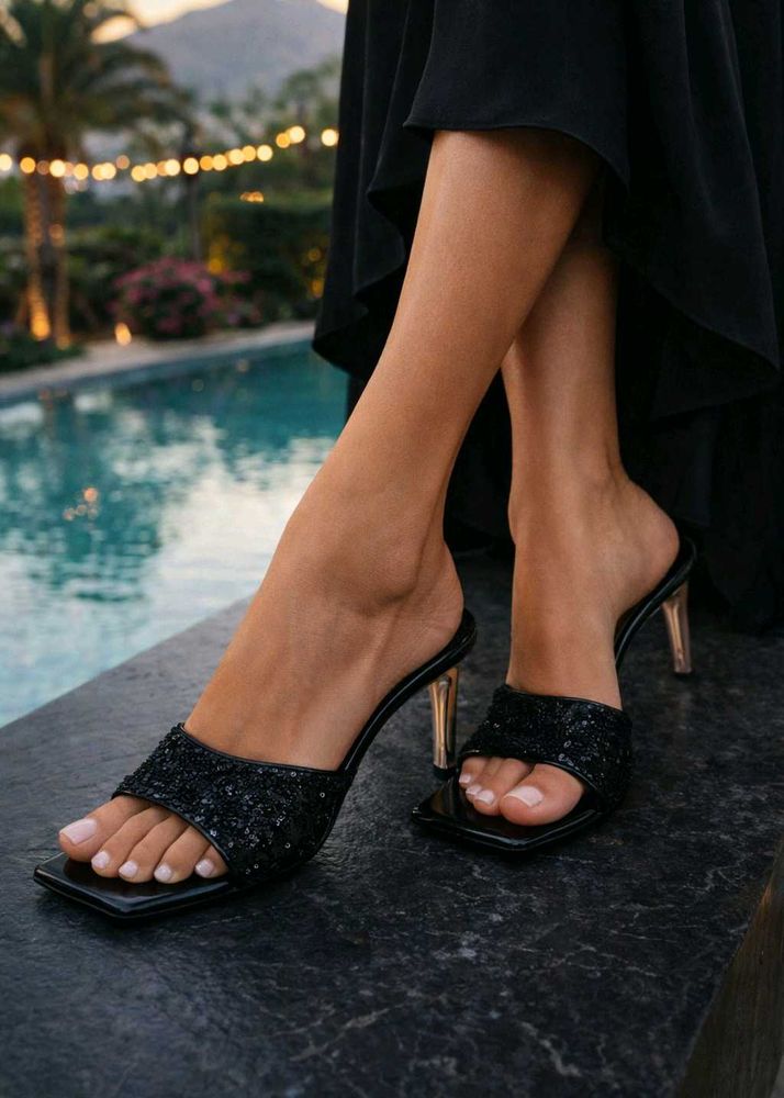 Chic Black Glitter Heel Mules