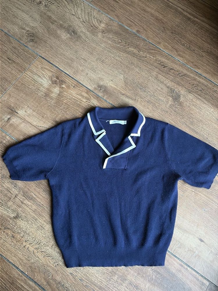Navy Blue Collared Knit Top Free Size
