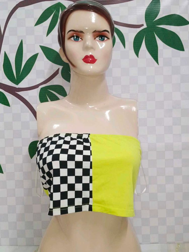 (764)Checkered &amp; Neon Yellow Tube Top