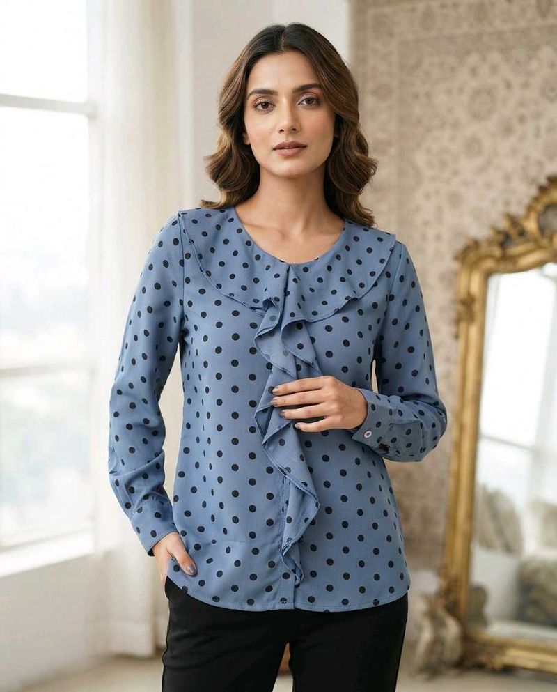 Chic Blue Polka Dot Ruffle korean style top